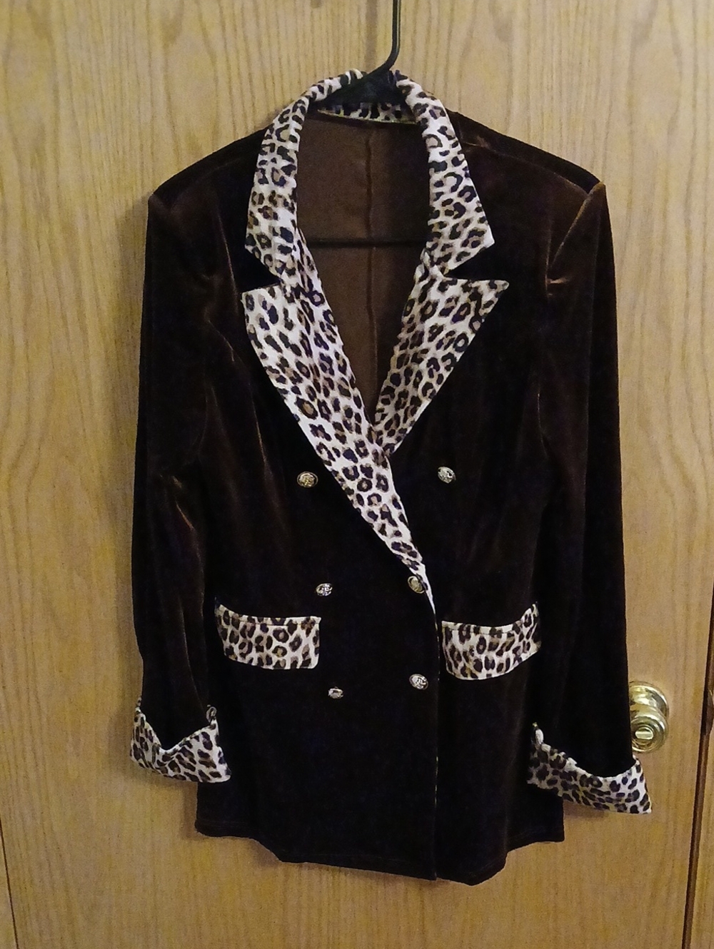 Leopard Trim Brown Velvet Double-Breasted Women's Blazer